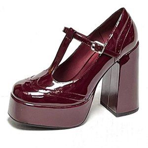 New Womens Burgundy Mary Jane Retro T-Strap Platform School Girl Pumps